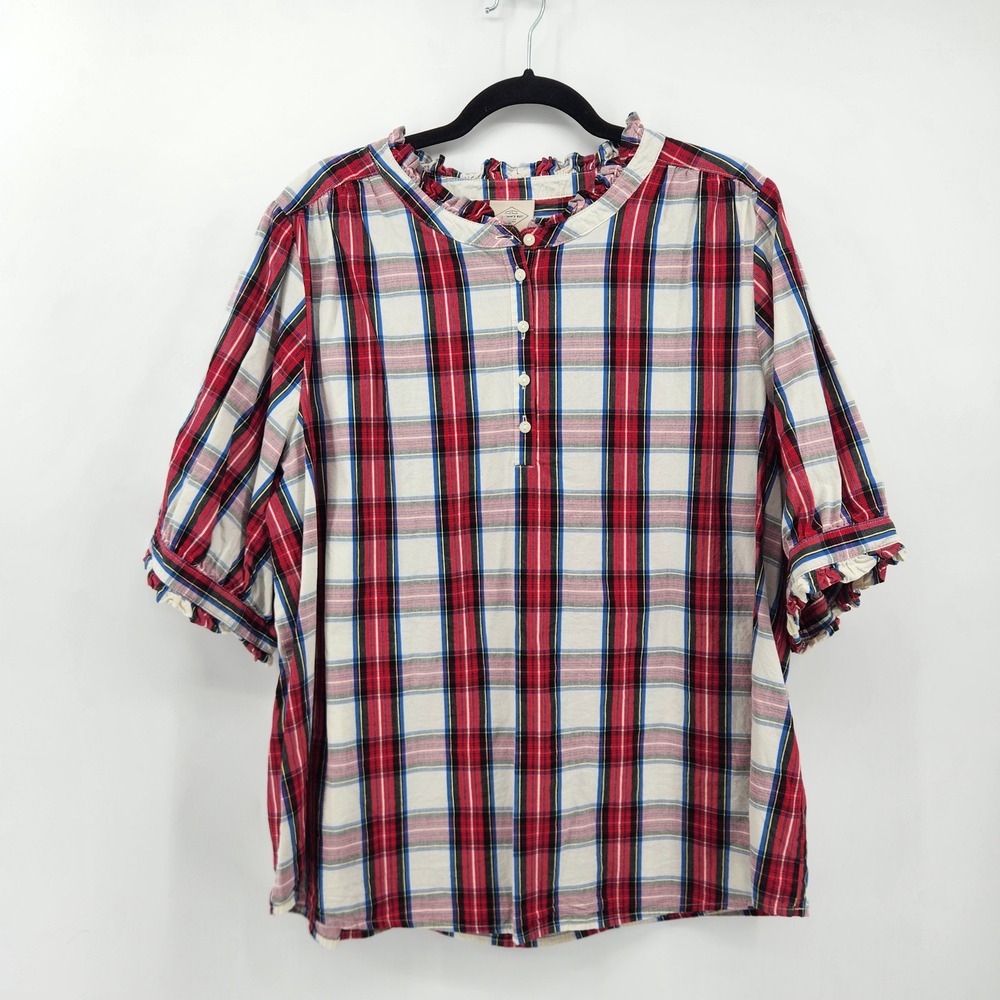 St Johns Bay Plaid Ruffle Neck Top Short Sleeve Blouse‎ Womens XXL